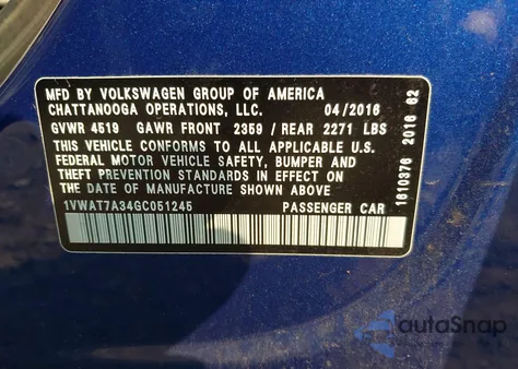 2016 Volkswagen Passat 1.8T S from USA, damaged, VIN 1VWAT7A34GC051245